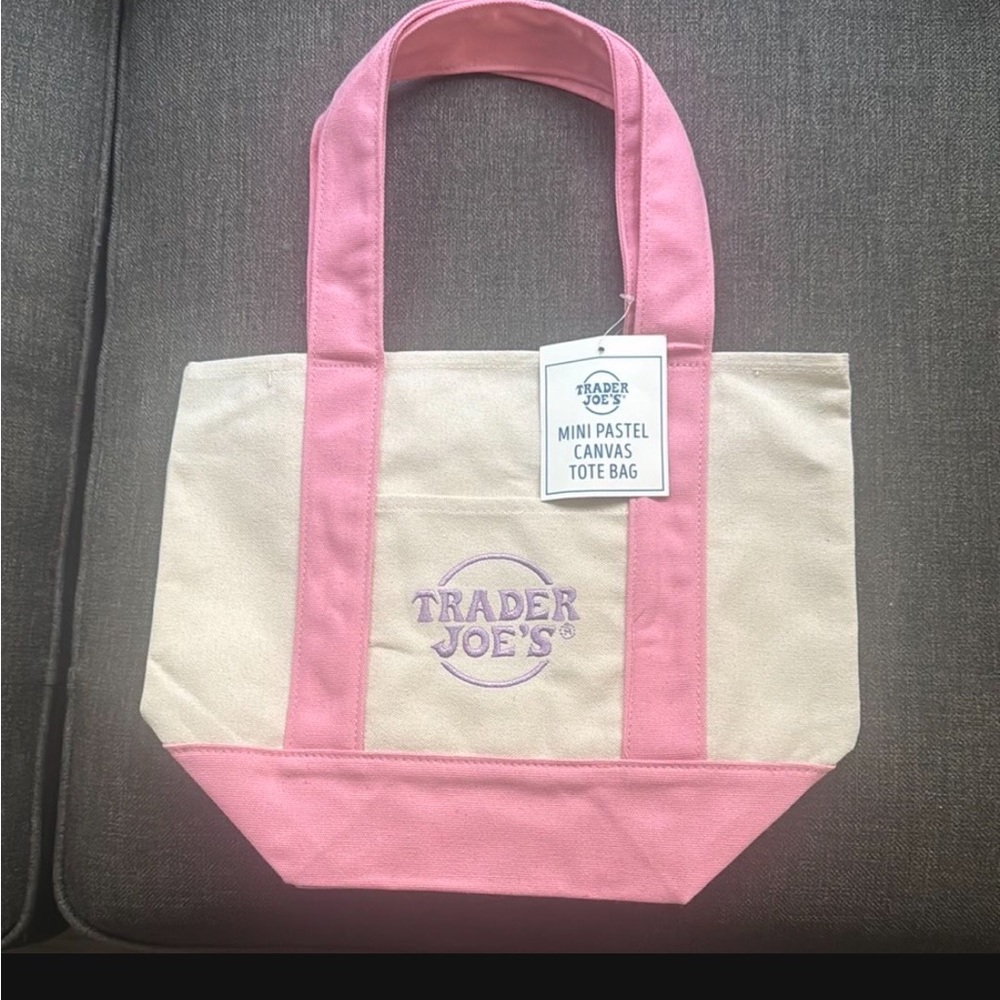Trader Joe's spring tote Pink and Cream Canvas Tote Bag